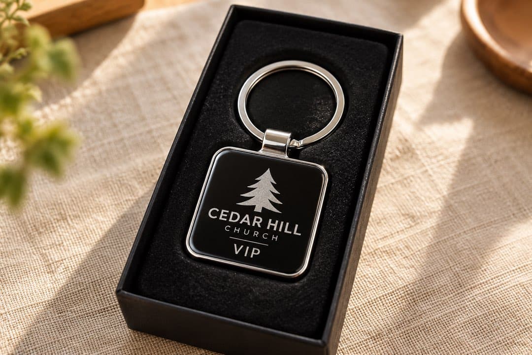 A Cedar Hill Church key tag in its open black gift box.