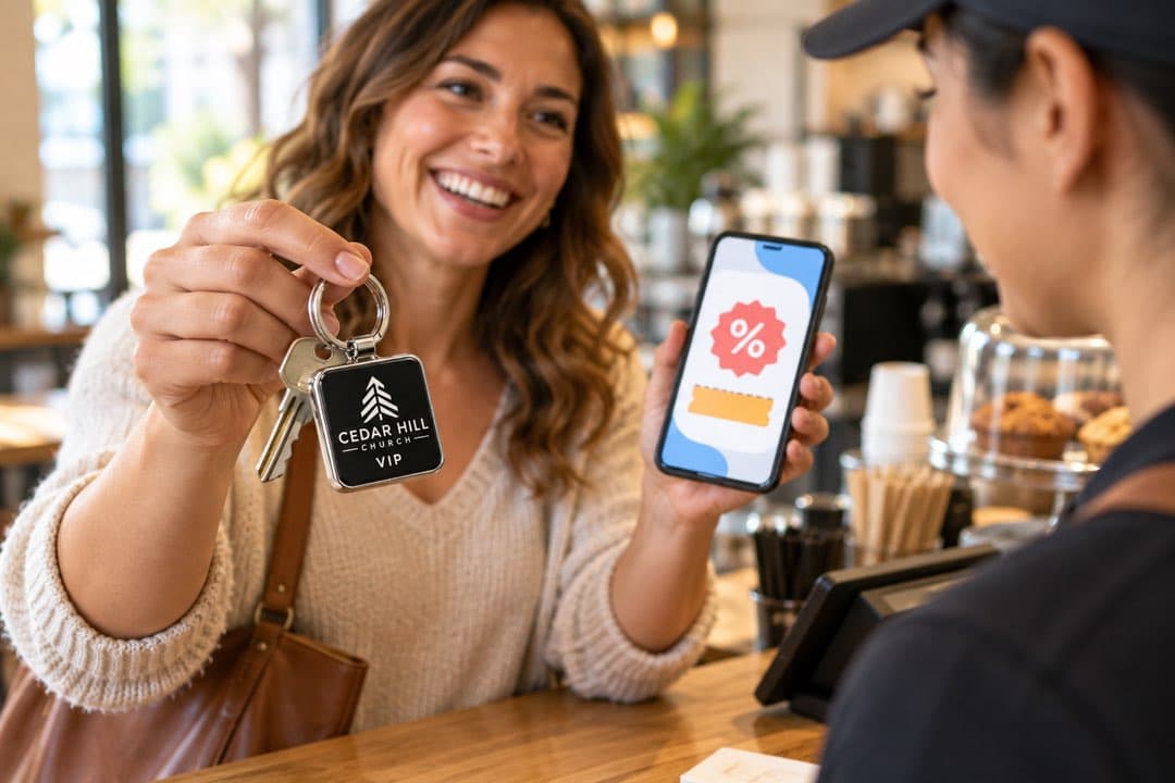A woman holds up her church key tag and a phone deal at a café counter.