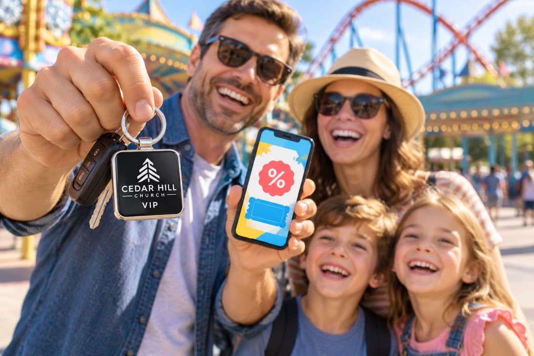 A family at an amusement park, the dad holding up his church key tag.
