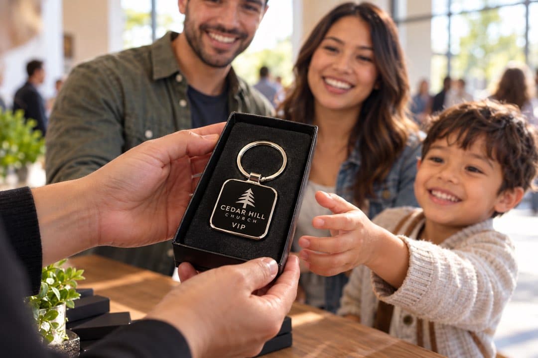 A greeter hands a family a key tag in an open gift box.